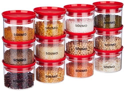 Amazon Brand - Solimo Plastic Storage Jar and Container Set I Air Tight & BPA Free Containers for Kitchen Storage Set I Grocery Kitchen Container Set I Multipurpose Jar, 500 Ml Each, Set 12, Red