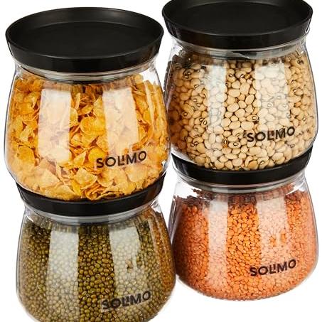 Amazon Solimo Plastic Storage Jar and Container Set I Air Tight & BPA Free Containers for Kitchen Storage Set I Grocery Kitchen Container Set I Multipurpose Jar | 800 Ml Each | Set 4 | Black - Amazon Brand - Solimo Kitchen
