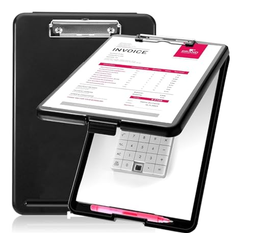Versatile A4 Clipboard, Writing Case A4 with Storage Compartment, Metal Clip and Pen Holder, Durable Conference Folder, Clipboard Folder for Classroom, Office, Restaurant, Doctor’s Office, Black
