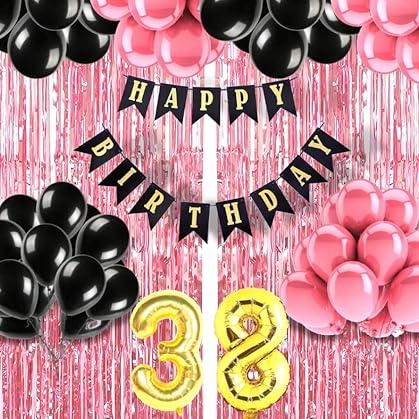 Mystic Toy Store 38th Birthday Decoration items for Girls with Black and Pink Balloons, Black Happy Birthday Banner, Pink Foil Curtain, Foil Balloon number 38 - Mystic Toy Store Toy