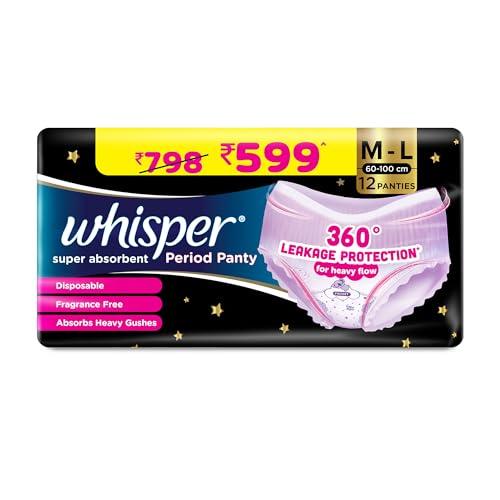 Whisper Super Absorbent Women Period Panty, 12 M-L Pants, 360 Degree Leakage Protection For Heavy Flow, Panty Like Fit For Full Back Coverage, Absorbs Heavy Gushes, Silky Soft, Comfortable Feel - Whisper Drugstore