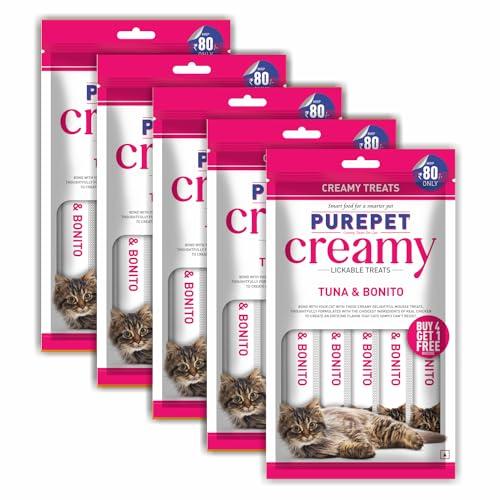 Purepet Creamy Lickable Cat Treats, Tuna & Bonito, Pack of 5 X 75 g, Total 375 g Pack - PUREPET Pet Products