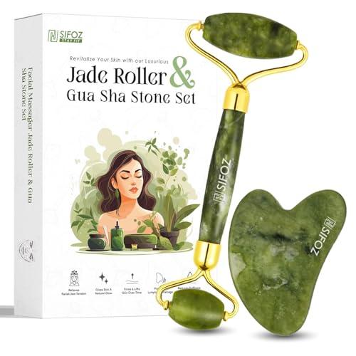 Sifoz Jade Roller & Gua Sha Set Face Roller Anti-Aging Facial Roller Natural Green Jade Beauty Massager Tool Skin Care Tool for Face Neck Eye to Reduce Wrinkles and Relax Body Muscles - Sifoz Personal Care Appliances