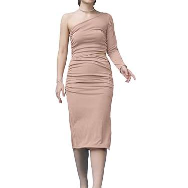 PURVAJA Women’s One Sholder Below Knee Length Dress (Shine-074-Rose_Peach_Medium) - PURVAJA Apparel