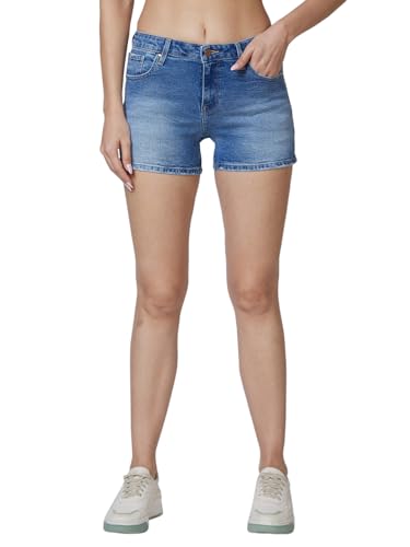 Spykar Mid Rise Blue Shorts for Women (Size: 30)-WSRD1BD015