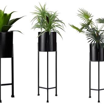 Amazon Brand - Solimo Metal Planters Pot Holder (Round Base) with Metal Plant Stand (Black, Set of 3) | Tall Indoor Plant Stand with Planter Pot, suited for indoor/outdoor - Amazon Brand - Solimo Lawn & Patio