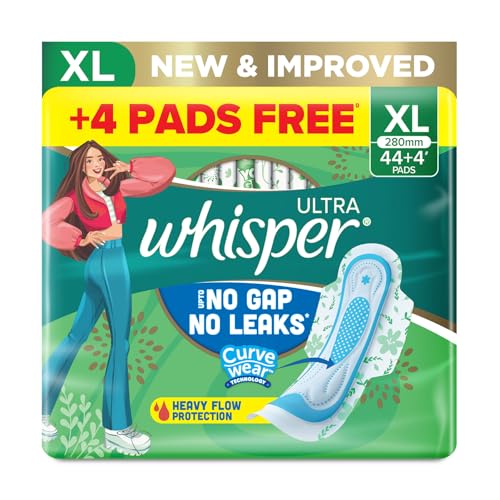 Whisper Ultra Upto No Gap No Leaks Sanitary Pads, 48 Xl Pads, For Heavy Flow Protection, With Curvewear ¢ Technology, Cotton Like Softness, Disposable Wrapper, Locks Odour & Wetness
