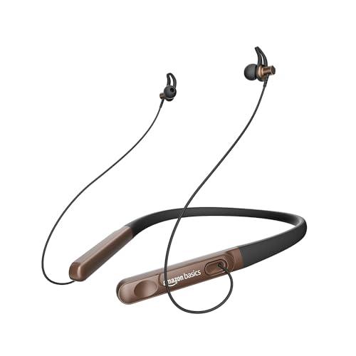 amazon basics in-Ear Wireless Neckband with Mic, Up to 18 Hours Play Time, Bluetooth 5.1, Voice Assistance, Noise Cancellation, IPX4 Water-Resistance, Magnetic Earbuds (Brown)