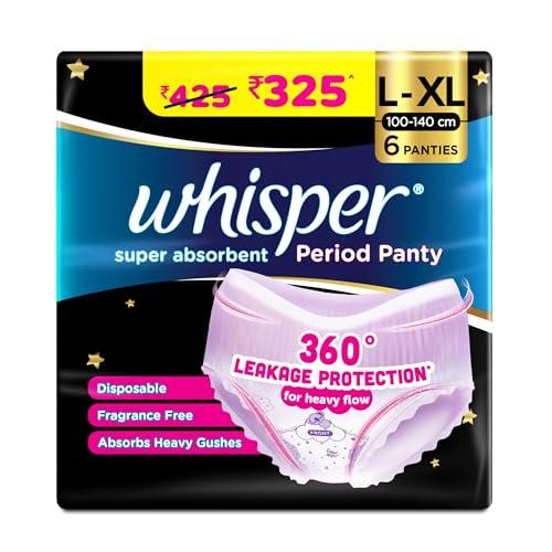 Whisper Super Absorbent Period Panty, 6 L-XL Pants, 360 Degree Leakage Protection for Heavy Flow, Panty like Fit for Full back Coverage, Absorbs Heavy Gushes, Silky Soft, Comfortable Feel-Women - Whisper Drugstore