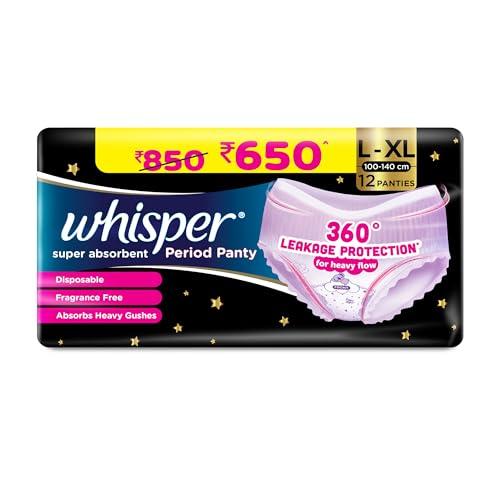 Whisper Super Absorbent Period Panty, 12 L-XL Pants, 360 Degree Leakage Protection for Heavy Flow, Panty like Fit for Full back Coverage, Absorbs Heavy Gushes, Silky Soft, Comfortable Feel - Whisper Drugstore