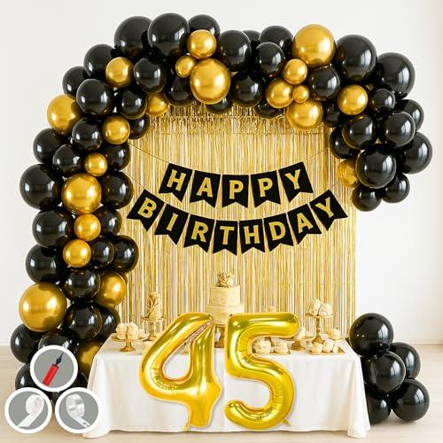 Mystic Toy Store 45th Birthday Decoration Items Golden Black Theme Combination for Boys Girls | 50 Pc Gold Black Balloon | 2 Pc Gold Foil Curtain| Black Birthday Banner | Pump | Arch Tape | Glue Dots - Mystic Toy Store Toy