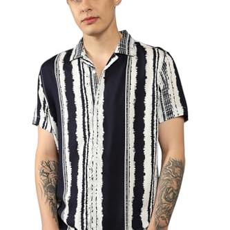 Dennis Lingo Men's Navy | Stripes | Cuban Collar | Half Sleeve | Relaxed fit Casual Shirt (DLMSHS24080_NV_S) - Dennis Lingo Apparel
