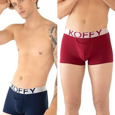 KOFFY Men's Premium Cotton Lycra Mini Trunk with Minus Cutting Pouch I Silver Metallic Elastic I 4 Way Stretch I Wrinkle Free KI24_MNRD_RD_M_2PC - KOFFY Apparel