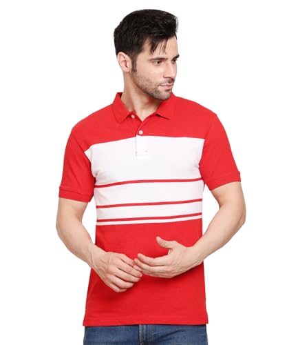 Scott International Men's Rich Cotton Regular Fit Striper Polo T-Shirt | Red - White