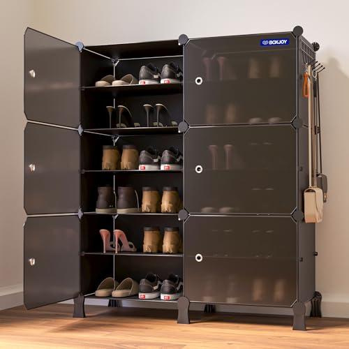 BOXJOY 12 Shelf Shoe Rack with Door Magnets, 5 Hook Steel Holder & Wooden Hammer for Home Storage PP Plastic Organizer with Metal Door Frame to Cover Chappal Slipper Sandals Shoes Box Stand (Black)