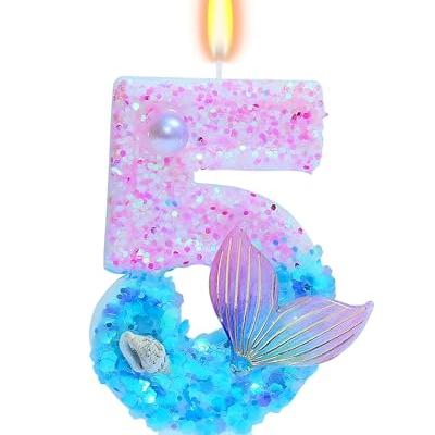 Mermaid Themed Birthday Candles, Number 5 Girls Glitter Birthday Party Supplies,Anniversary Party Decor,2.87 inch Cake Topper Decorations (Mermaid Themed, Number 5) - fauaoy Home