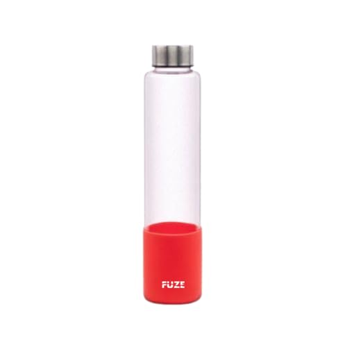 Fuze Borosilicate Glass Bottles with Aniti-Skid Silicone Sleeve | Perfect For Collge, Work & Commute | Borosilicate Glass Bottles (Red) - Pack of 2