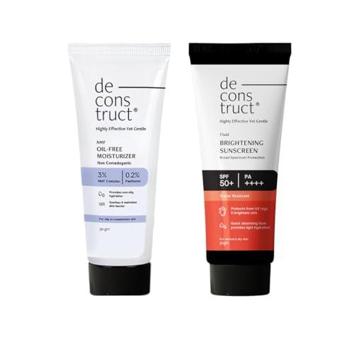 Deconstruct Hydration & Brightening Combo: Oil-Free Moisturizer & Brightening Sunscreen SPF 50+ | Get Glowing Skin with Sun Protection| Moisturizer For Oily Skin| No White Cast & Lightweight | Pack of 2 - Deconstruct Beauty