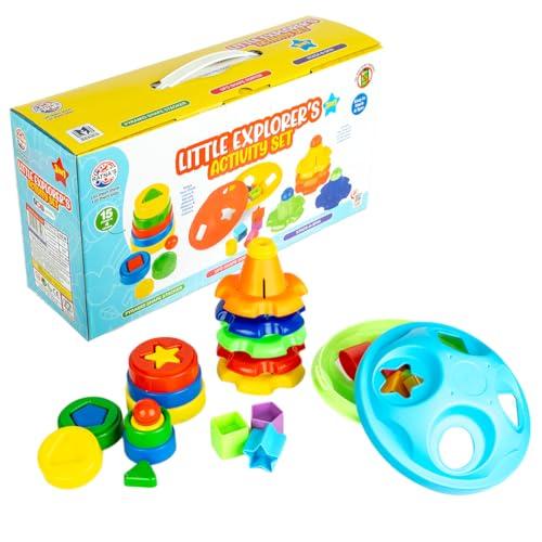 Ratna's Little Explorer's Activity Set, Pyramid Shape Stacker, UFO Shape Sorter, Stack-N-Spin Toys for Kids 1+ Year - RATNA'S Toy