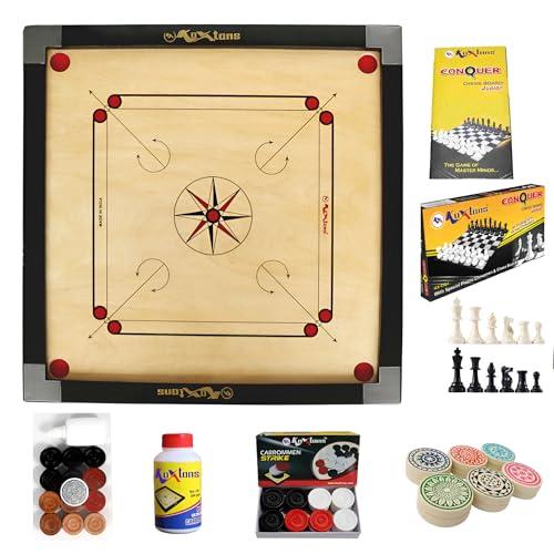 KOXTONS - Carrom Board 32 INCH Full Size with 1.5" Border & (Super) with STRICKER & Accessories and Vista 11 INCH Chess Conquer Gift Set - KOXTONS Toy