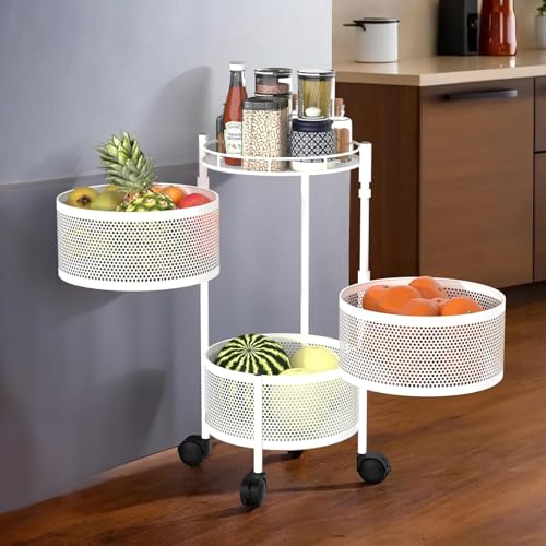 Kitchenstory Storage Rack | 360° Revolving Vegetable Kitchen Rack | Round Multipurpose Storage Trolley with Wheels | Metal Fruit Storage Rack | Kitchen Cabinet Spice Rack (White, 3 Layer)