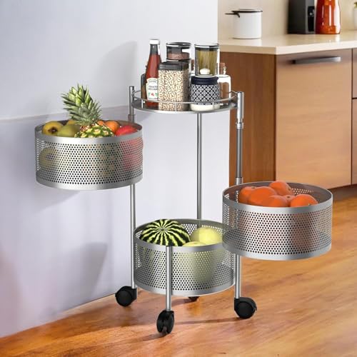 Kitchenstory Storage Rack | 360° Revolving Vegetable Kitchen Rack | Round Multipurpose Storage Trolley with Wheels | Metal Fruit Storage Rack | Kitchen Cabinet Spice Rack (Silver, 3 Layer)
