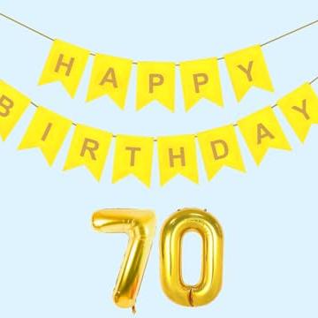Mystic Toy Store 70th Happy Birthday Decoration Kit Yellow for 70 year Old Women with Number Seventy Party Decorations Decor Celebration Items Item Set Combo Reusable Paper Banner