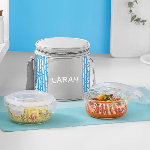 Larah Glassware Vogue Borosilicate Glass Lunchbox with Bag | 2pc Round Container (400 ml Each), Vertical | Microwave & Dishwasher Safe, Leakproof | Tiffin for Office, School, College | Blue