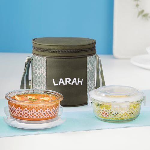 Larah Glassware Gracia Borosilicate Glass Lunchbox with Bag | 2pc Round Container (400 ml Each), Vertical | Microwave & Dishwasher Safe, Leakproof | Tiffin for Office, School, College | Green