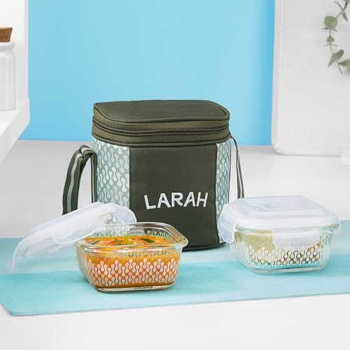 Larah Glassware Gracia Borosilicate Glass Lunchbox with Bag | Set of 2pc Container (320 ml Each), Vertical | Microwave & Dishwasher Safe, Leakproof | Tiffin for Office, School, College | Green
