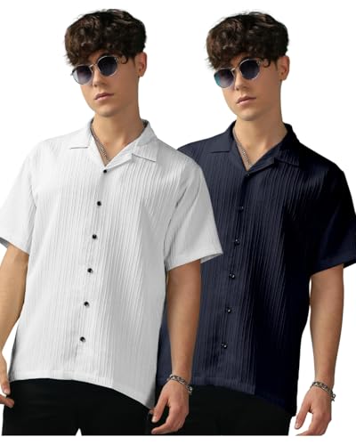 Urban Buccachi Men's Blue & White Striped Polycotton Shirt | Half Sleeve with Lapel Collar & Notch Neck | Stylish Regular Fit for Office, Party & Festival Look (Pack of 2)