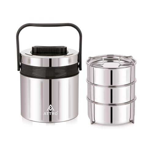 ATTRO Steel On 3 Insulated Tiffin Box 3 Stainless Steel Containers Easy Carry Handle, BPA-Free, Leakproof Office, School & Travel – Grey-900ml - ATTRO Kitchen
