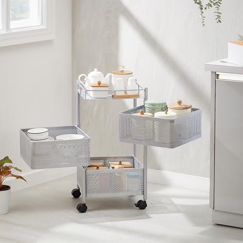 Amazon Brand - Solimo 360° Revolving 3 Layer Multipurpose Kitchen Trolley Rack with Wheels | Steel Square Organizer | for Fruit, Vegetable Storage | Preassembled | Matte Silver Finish | 31 x 61 cm - Amazon Brand - Solimo Kitchen