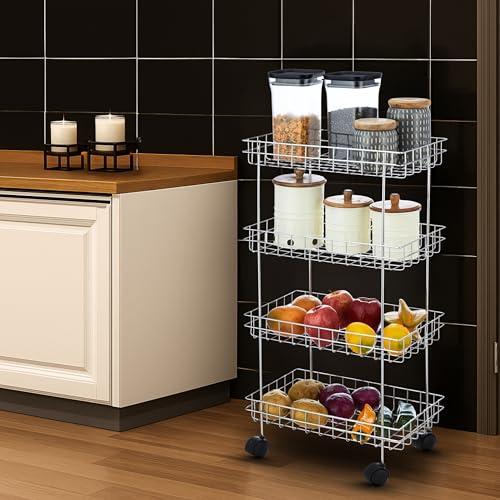 Amazon Brand - Solimo 4-Layer Stainless Steel Kitchen Storage Rack | Folding Vegetable & Fruit Basket | Onion Potato Organizer Trolley with Wheels (22.3cm*39cm*77cm, Silver) - Amazon Brand - Solimo Kitchen