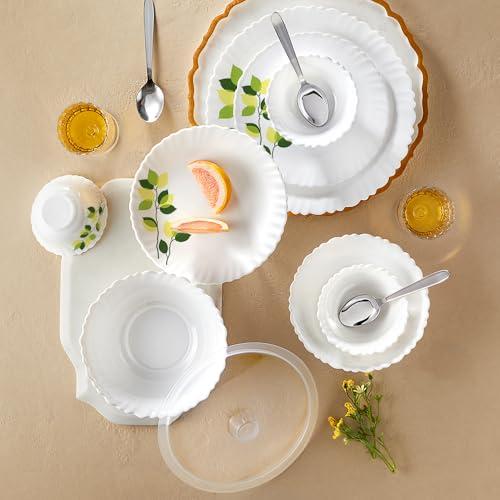 Larah by Borosil Silk Series Green Leaves Opalware Dinner Set with Steel Spoon | 41 Pc for Family of 6 | Microwave & Dishwasher Safe | Bone-Ash Free | Crockery Set for Dining & Gifting | Plates & Bowl - Larah by BOROSIL Kitchen