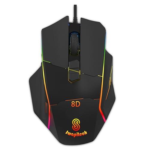 SWAPITECH Shooter with 12800 DPI Gaming Sensor 8 Programmable Buttons | RGB Wired Gaming Mouse with Ultra-Responsive 7000fps | 14 Lighting Modes with Music Sync | Advance Windows Software | USB 2.0
