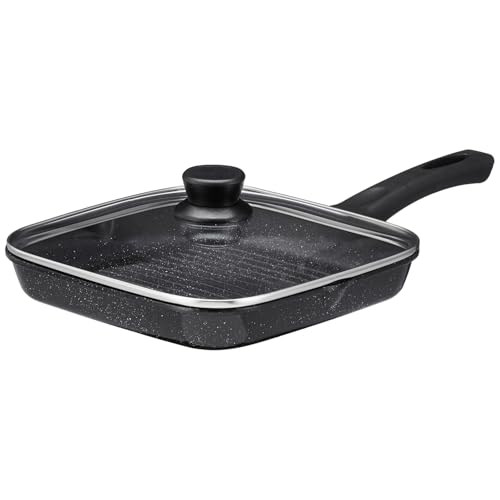 Amazon Brand - Solimo Non-Stick Grill Pan with Glass Lid | 1.8L / 24cm | Cast Aluminium Body | Induction & Gas Compatible | PFOA-Free Non-Stick Coating
