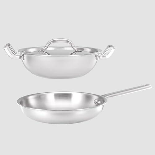 amazon basics Triply Stainless Steel 3 Pc Cookware Set | 24 cm Kadai with Lid & 22 cm Frypan Without Lid| Fast & Even Heating | Induction & Gas Compatible | Silver | 2.4 kg - amazon basics Kitchen