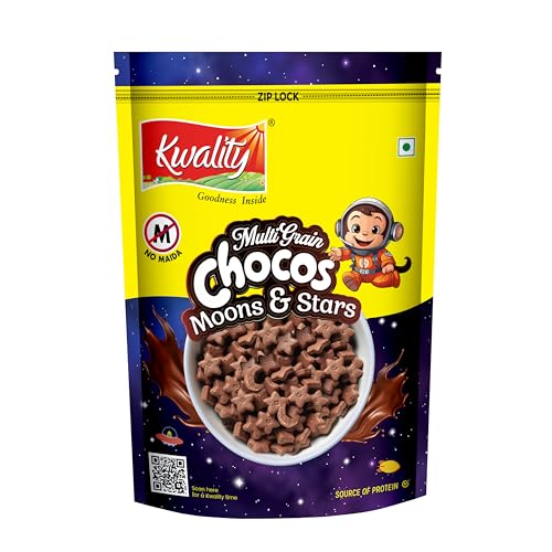 Kwality Multigrain Chocos Moons and Stars 375g | Delicious Breakfast Cereal for Kids | Fortified with Iron & Vitamins | Wholesome & Crunchy Snack