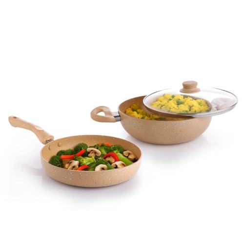 Crystal 225mm Kadai + 225mm Fry Pan with Glass Lid | 2Pcs Set| Sandal Wood - Crystal Kitchen