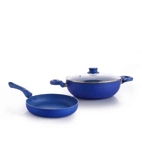 Crystal 250mm Kadai + 250mm Fry Pan with Glass Lid | 2Pcs Set| Blue