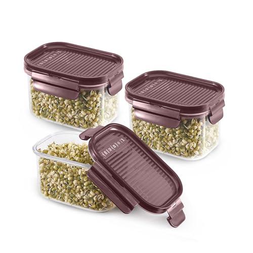CELLO Modulock Rectangular Kitchen Storage Containers Set of 3, (3 x 450 ml), Burgundy | Food Grade, BPA Free, Air Tight Clip, Stackable |Multipurpose Plastic Storage Container Sets For Home Kitchen
