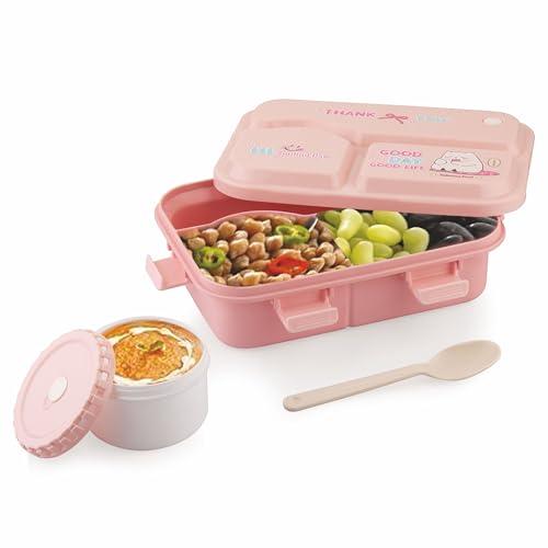 ATTRO Smiley Bite Plastic Lunch Box – 3 Compartment Bento Tiffin, Leak-Proof & Durable, Plastic Spoon, Ideal for Kids, School, Picnic– 1220ml+200ml, Peach - ATTRO Kitchen