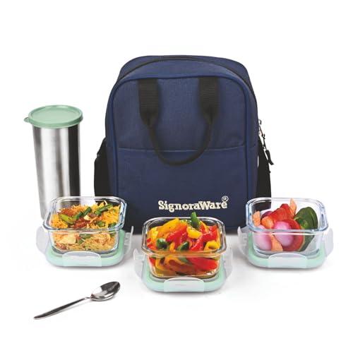 SignoraWare Social Borosilicate Glass Big Lunch Box Set | Airtight & Leakproof | Microwave Safe | Ideal for Office, Picnic & Outdoor Activities (320ml x 3 + 500ml Tumbler | Set of 4 | Clear)