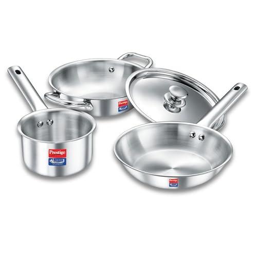 Prestige TRIPLY 4 Pc Cookware Set | TRIPLY Splendid | Fry Pan 22cm/1.9L | Kadai 22cm/2.5L | Sauce Pan 14cm/1.3L | SS Lid 24cm | Gas & Induction Compatible | Even Heat Distribution | 15Y Warranty | ISI - Prestige Kitchen