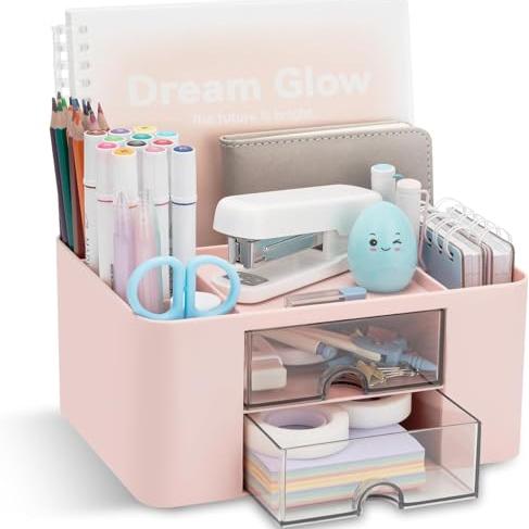 Coofandy Versatile Desk Organiser with 5 Compartments, 2 Drawers and Multifunctional Storage Options – Ideal for Office Supplies, Stationery and Desk Accessories, Office Organiser – Pink