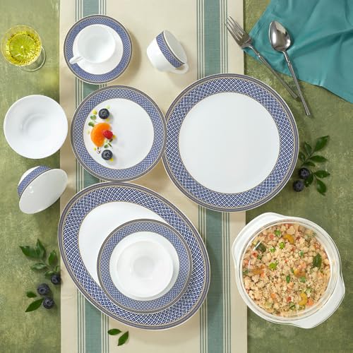 Larah by Borosil Emerald Weave Opalware Dinner Set | 61 Pcs for Family of 8 | Microwave & Dishwasher Safe | Bone-Ash Free | Crockery Set for Dining & Gifting | Plates & Bowls
