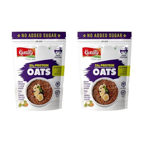 Kwality 25g High Protein Oats 400g Each (Pack Of 2) | Multigrain Rolled Oats with Whey & Soy Protein | No Refined Sugar | With Almonds, Raisins, Pumpkin & Chia Seeds | High Fiber | Gluten Free | Quick Breakfast for Weight Loss & Fitness - KWALITY Grocery