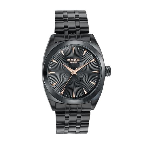 Sonata Poze 6 Graphite Groove Gents Quartz Black Round Dial Men's Watch | Stainless Steel Strap Material | Watches for Men Analog - SP70077NM01 - Sonata Watch