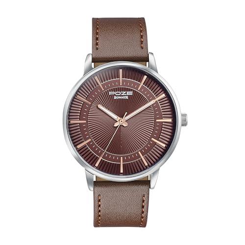 Sonata Poze 6 Strokes and Stroll Quartz Brown Round Dial Men's Watch | Leather Strap Material | Watches for Men Analog - SP70076SL01 - Sonata Watch